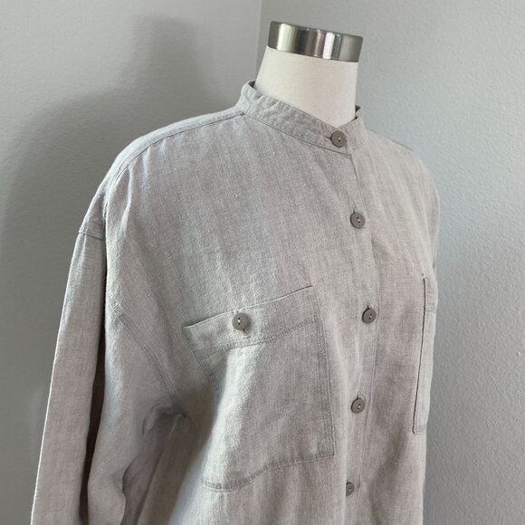 Eddie Bauer Womens Medium 100% Linen Oversized Mandarin Collar Button Up Shirt - Picture 3 of 8
